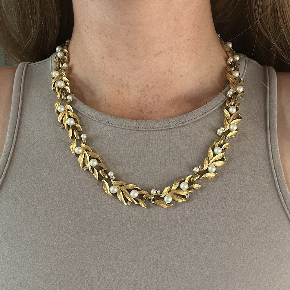 Trifari Gold Tone Leaf Necklace with Pearlescent Beads